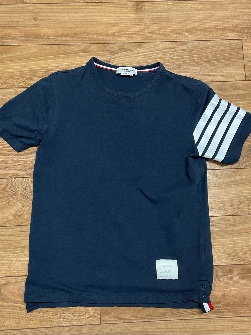 Thom Browne Navy Tee with Striped Sleeve